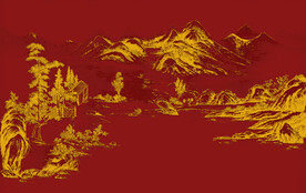 原创新中式国画山水建筑线描背景