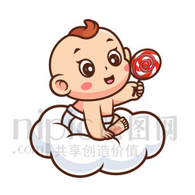 可爱卡通坐在云朵上的婴儿小孩