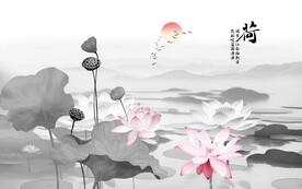 新中式手绘水墨荷花背景墙