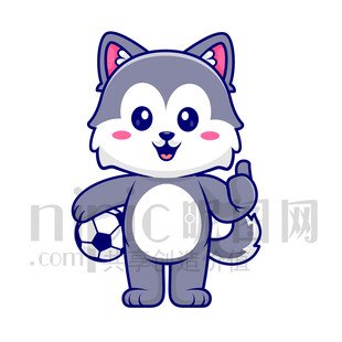 可爱卡通踢足球的狼狗