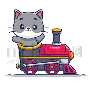 可爱卡通坐火车的小猫