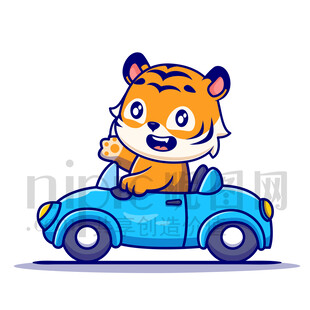 可爱卡通开小汽车的老虎