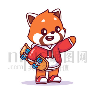 可爱卡通玩滑板的小熊猫浣熊