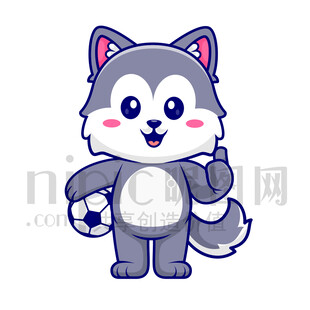 可爱卡通爱踢足球的大灰狼