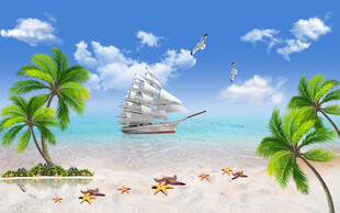 蓝天白云椰树大海背景墙