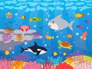 卡通鲨鱼海洋鲸鱼海底动物背景墙