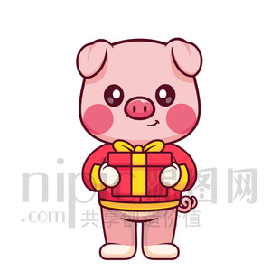 可爱卡通抱着礼物礼品的猪
