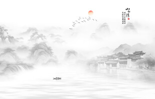 新中式水墨江南水乡背景墙