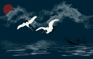 原创新中式绿色水墨仙鹤风景金箔