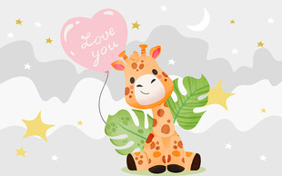 可爱气球长颈鹿儿童房背景墙