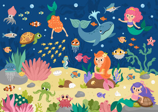 可爱美人鱼卡通海底鲸鱼珊瑚背景