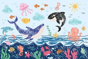 手绘蜡笔海洋动物鲸鱼儿童背景墙