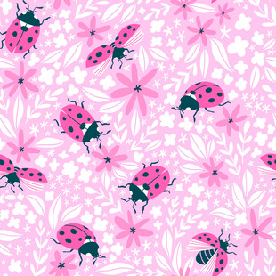 粉色花卉瓢虫无缝图案