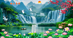 旭日东升瀑布山水画