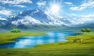 蓝天白云雪山大草原