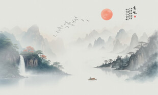 水墨蓝色飞鸟山水画