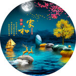 圆形石来运转轻奢麋鹿抽象装饰画