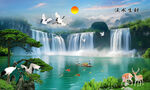 迎客松瀑布山水画壁画
