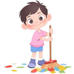孩子做家务拿扫把扫落叶打扫卫生