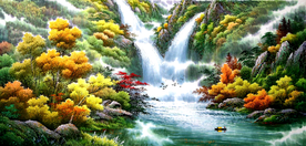 瀑布山水风景油画