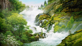 风景瀑布油画