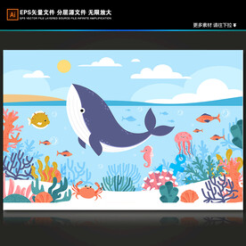 手绘海豚热带鱼卡通蓝天海洋背景