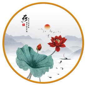圆形画荷花