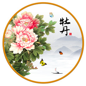 圆形画 牡丹花