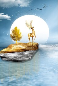 山水石来运转麋鹿装饰画晶瓷画