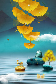 中式石来运转轻奢麋鹿抽象装饰画