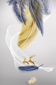 轻奢麋鹿羽毛抽象线条晶瓷画装饰