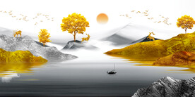 新中式山水麋鹿装饰画