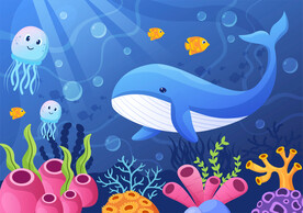 蓝色卡通海豚热带鱼珊瑚海底背景
