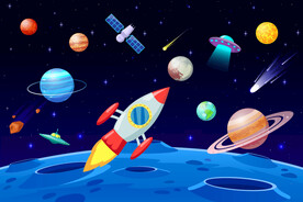 卡通火箭星球太空宇宙银河背景墙