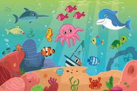 卡通海豚珊瑚热带鱼海洋动物背景