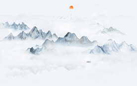 简约蓝色客厅水墨画背景墙