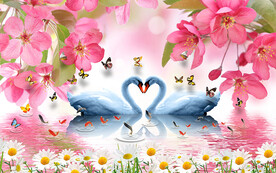 浪漫桃花天鹅湖电视背景墙