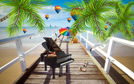 海滩栈桥椰子树电视背景墙