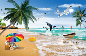 海边沙滩椰树电视背景墙