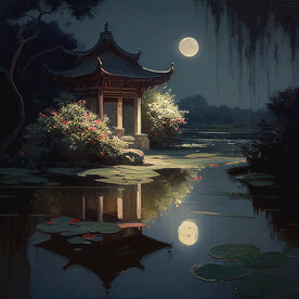 当代油画 园林月影