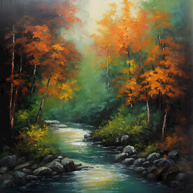 当代油画 林间小溪