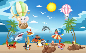 卡通夏日动物沙滩背景墙