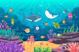 卡通鲸鱼海底鲨鱼珊瑚水族馆背景