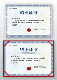 蓝色公司学校技能培训结业证书