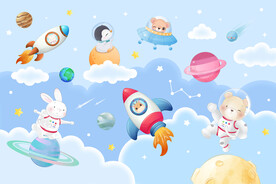 卡通太空星球动物宇航员火箭背景