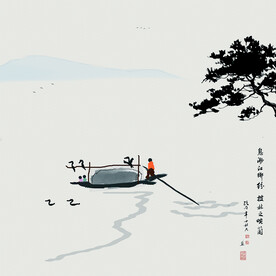 国画水墨山水画江南春色