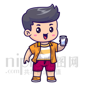 可爱卡通小男孩喝水
