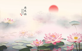 中式山水画手绘荷花背景墙