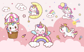 粉色天空卡通彩虹独角兽星空背景