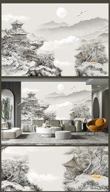 高清中式山水轻奢简约线条阁楼	